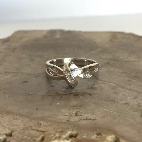 Heng Ngai Sterling Silver 925 Baguette Diamond Love Knot Wedding Band Ring 6.5 - Picture 12 of 16